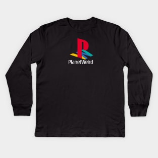 Planet Weird is now on Twitch! (white text) Kids Long Sleeve T-Shirt